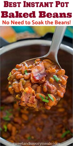 the best instant pot baked beans recipe is shown on a spoon with text overlay