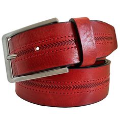 Made in Italy, the strap is crafted from quality leather styled with a distressed appearance. The pin buckle has a silver polish finish for a classic look. Great for weekend outfits or office wear with a casual twist. Product Specification: Material: Single skin hide - The highest quality and made of pure, natural leather.   Leather made from the top layer of the animals skin and as a result surpasses the durability of all other types of leather belts Width: 40mm Origin: Belt and buckle made in Adjustable Leather Belt Buckle With Metal Buckle, Adjustable Leather Belt With Metal Pin Buckle, Casual Adjustable Leather Belt Buckles, Formal Red Leather Belt, Weekend Outfits, Silver Polish, Embossed Design, Great Lengths, Weekend Outfit