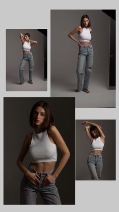 four different pictures of a woman in white top and jeans with her hands on her hips