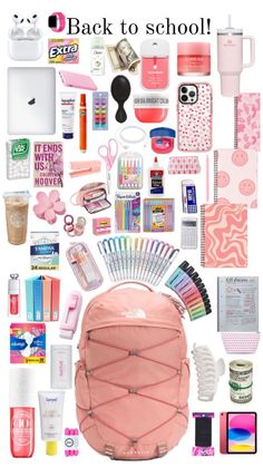 the back to school bag is packed with items from different countries and colors, including pink