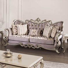 Albacete Champagne & Purple Velvet Sofa & Loveseat /2pc - Ornate Home Purple Velvet Sofa, Carved Wood Panel, Sofa Wood Frame, Wooden Trim, Luxury Furniture Design, Ornate Furniture, Furniture Of America, Velvet Upholstery, Purple Velvet