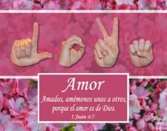 two hands making the peace sign in front of pink flowers with text that reads, amor