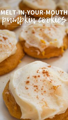 cookies with frosting and cinnamon on top sitting on a white plate, with the words melt - in your mouth pumpkin cookies