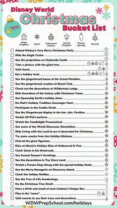 the disney world christmas bucket list is shown in red and green with snowflakes