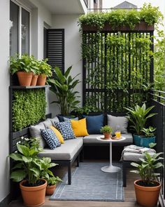 an outdoor living area with potted plants and couches