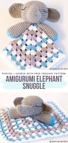 crocheted stuffed animal is laying on top of a blanket with the words, amigurum elephant snugglele