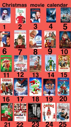 the christmas movie calendar is shown in red