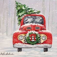 a painting of an old red truck with a christmas wreath on the hood in snow