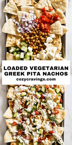 loaded vegetarian greek pita nachos on a tray