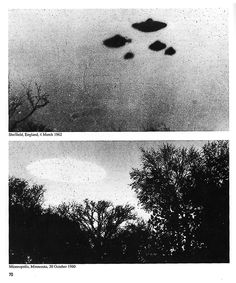 two black and white photos of trees in the sky, one with four flying objects