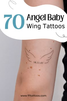 an angel tattoo on the arm with words above it that read, 70 angel baby wing tattoos