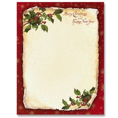 an old fashioned christmas card with holly leaves and berries on the bottom, in red paper