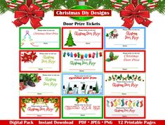 christmas diy designs door prize tickets with holiday decorations and presents on them in red, green and white