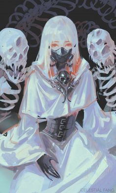 a painting of a woman in white with skeleton hands on her chest and two skeletons behind her