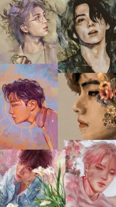 four different images of people with flowers in their hair and one man's face