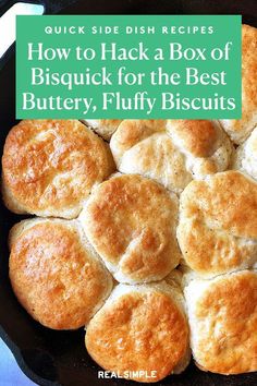 some biscuits in a pan with the words, food hack i just picked a box of biscuits and made the best biscuits ever