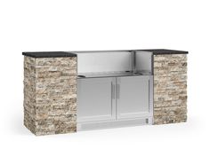 an outdoor bbq grill with stone walls and doors on the outside, in front of a white background