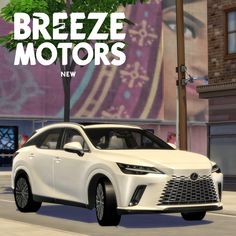 a white car driving down a street next to a tall building with the words breeze motors on it