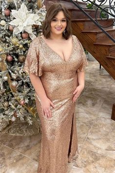 Modsele champagne sequined long formal dress features V-neckline, flouncy sleeves and side slit.#wedding#bridesmaiddresses#weddingguestdresses#maidofbridedresses Long Ball Dresses, Flouncy Sleeves, Gorgeous Hairstyles, Prom Dress Plus Size, Long Formal Dress, Plus Size Prom, Prom Dresses For Sale, Sequin Prom Dresses, Plus Size Prom Dresses