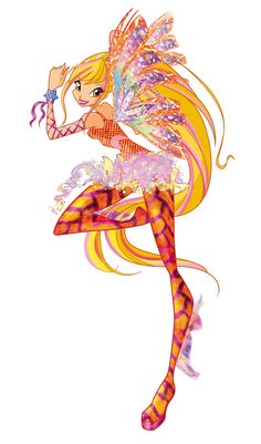 a cartoon character with long blonde hair and colorful clothes, holding a wand in her hand