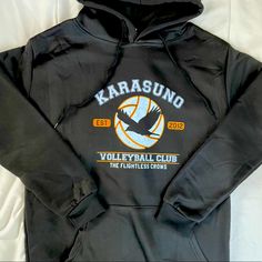 Brand New, Great For Men, Women Or Youth. From Popular Anime, Haikyu, A Karasuno High School Volleyball Hooded Sweatshirt. Black, Long Sleeve, Drawstring Hood, Front Pocket. Multiple Sweatshirts Available In Size Small, Medium And Large. Message Me Size Needed Before Purchase. Volleyball Hoodies, Haikyu Karasuno, Karasuno High School, High School Volleyball, School Volleyball, Volleyball Clubs, Popular Anime, Haikyu!!, Colorful Hoodies