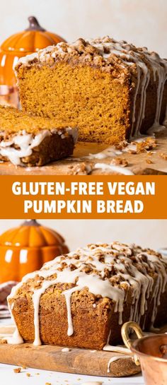 gluten - free vegan pumpkin bread with white frosting on top and an orange pumpkin in the background