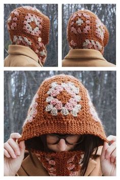 the woman is wearing a crocheted hat with flowers on it and has her face covered by a scarf