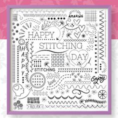 the happy stitching day pattern is displayed on a pink and white background