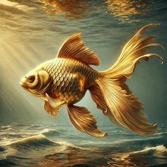 a painting of a goldfish swimming in the ocean with sunlight streaming through it's water