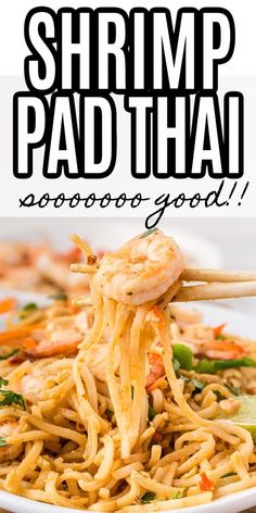 shrimp pad thai noodles on a white plate with chopsticks