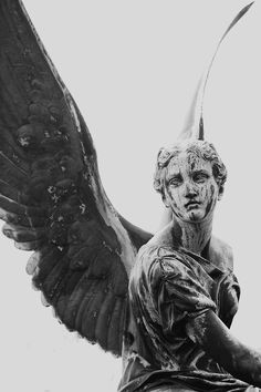 an angel statue with its wings spread out in front of a white background and gray sky