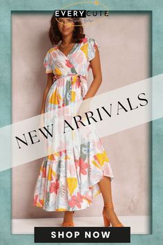 Elegant Floral Print Dress for Women Summer Dresses New Cotton V-neck Lace-up Ruffle Short Flying Sleeve Maxi Dress Beach Maxi Dress With Ruffles And Surplice Neckline, Ruffled Dress With Surplice Neckline For Vacation, Vacation Dress With Ruffles And Surplice Neckline, Vacation V-neck Maxi Dress With Ruffle Hem, V-neck Maxi Dress With Ruffle Hem For Vacation, Women Summer Dresses, Sleeve Maxi Dress, Dresses By Length, Ruffle Shorts