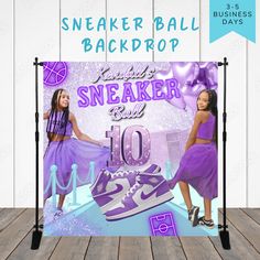 two girls in purple dresses are standing next to a backdrop with the words sneaker ball back drop