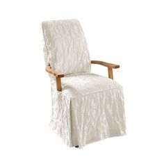 a white chair with a wooden arm rest and cover on it's back legs