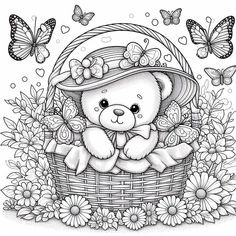 a teddy bear in a basket with flowers and butterflies