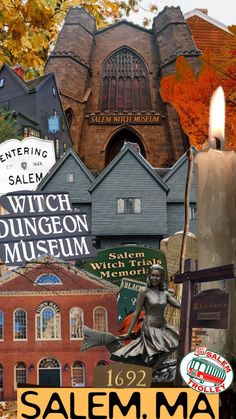 an image of salem, ma with the words witch museum on it's side