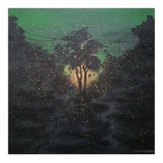 a painting of two trees in the middle of a forest with green and yellow lights