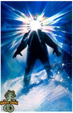 a movie poster with a man standing in front of a blue background and light coming from his head