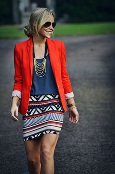 tribal skirt and bright blazer! love this look. I have a dress the same as this skirt - now I know how to dress it up a it :) Boho Work Outfit, Bright Blazer, Happily Grey, Orange Blazer