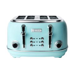 a blue toaster sitting on top of a white counter next to two black knobs