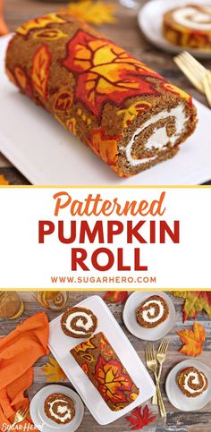 a pumpkin roll is cut in half on a white plate with orange and yellow napkins