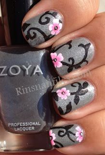 Pretty Pink Flower Nails, Neat Nails, Nails Flowers, Flowers Nails, Nails Silver, Nails Nailpolish, Heart Nail Art, Black Nail Art, Flower Nail