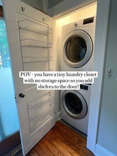 a washer and dryer in a room with a door open to reveal the laundry closet