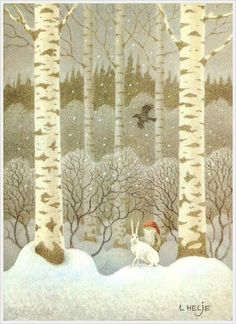 a painting of two rabbits in the snow surrounded by birch trees with birds flying overhead