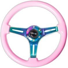 a pink and blue steering wheel with chrome spokes