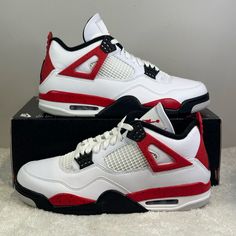 New Air Jordan 4 Retro Red Cement Size Mens 11 Color White, Fire Red Black White Leather Upper With Black Accents On Lining And Molded Eyelets, Fire Red Accents With Black Speckling, Rubber Outsole With Herringbone Pattern Brand New, Never Worn, With Box No Lid 100% Authentic Red Jordans 4s, Bday Shoes, Cute Red Shoes, Retro Air Jordans, Red And White Shoes, Volleyball Outfit, Fire Shoes