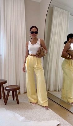 Yellow pants Yellow Top White Pants Outfit, Pale Yellow Pants Outfit, Pastel Yellow Pants Outfit, Yellow Trouser Outfit Women, Yellow Linen Pants Outfit, Yellow Trousers Outfit, Color Photoshoot, Yellow Linen Pants, Yellow Pants Outfit