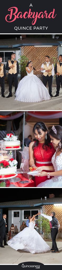 two pictures of people in wedding dresses and cake