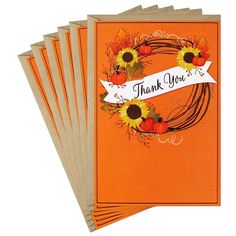 six thank you cards with sunflowers and ribbons on them, all in orange