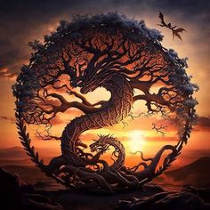 a dragon sitting on top of a tree in the middle of a sunset with birds flying around